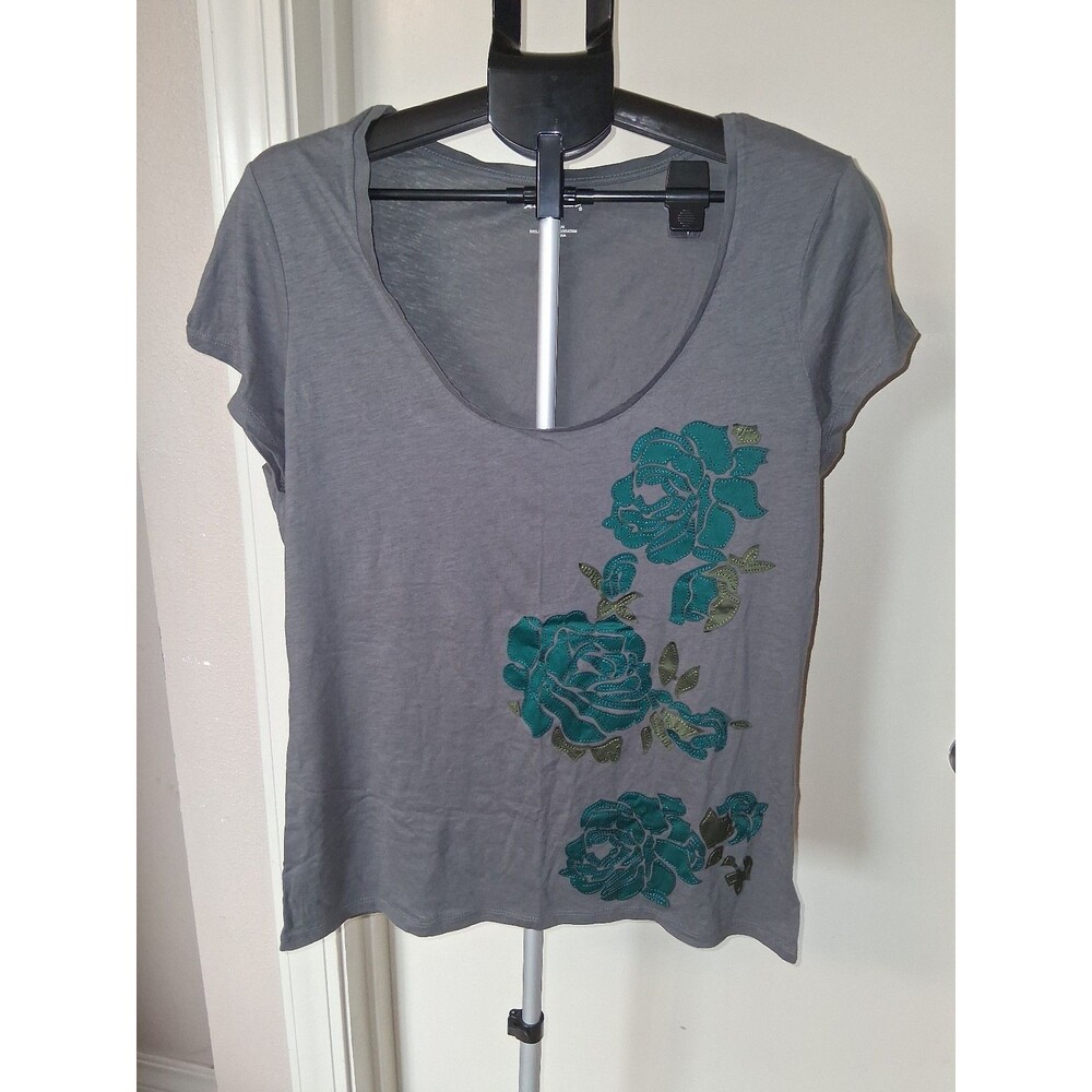 NWT! Y2K Eddie Bauer Gray Scoop Neck Tee Floral Teal Rose Embroidered Medium